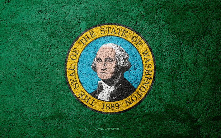Flagga av Staten Washington, konkret struktur, sten bakgrund, Washington flagga, USA, Washington State, flaggor p&#229; sten, Flaggan i Washington