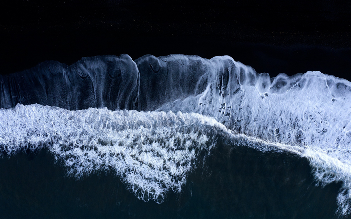 waves, coast, aerial view, black sand, beach, sea, view from above