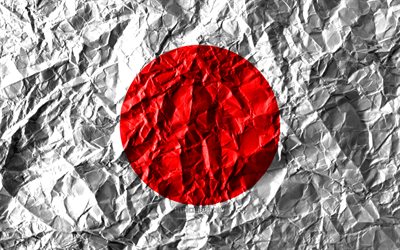 Bandiera giapponese, 4k, carta stropicciata, paesi Asiatici, creativo, Bandiera del Giappone, simboli nazionali, Asia, Giappone 3D, bandiera, Giappone