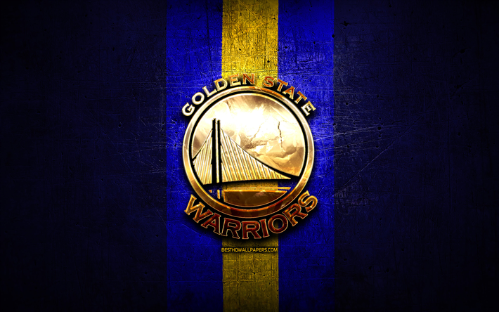Golden State Warriors, golden logo, NBA, blue metal background, american basketball club, Golden State Warriors logo, basketball, USA