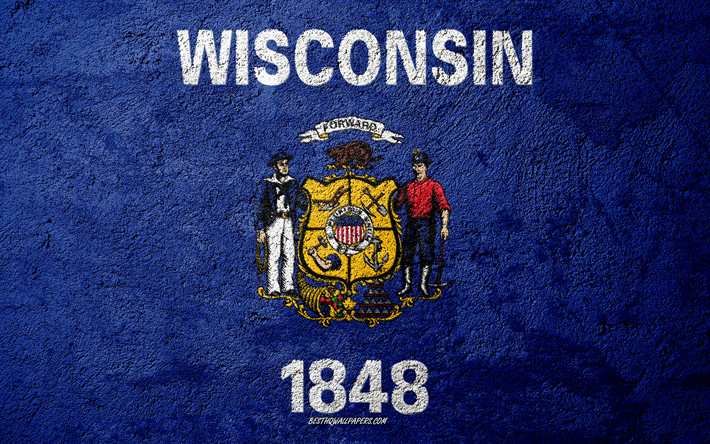 Flag of State of Wisconsin, concrete texture, stone background, Wisconsin flag, USA, Wisconsin State, flags on stone, Flag of Wisconsin