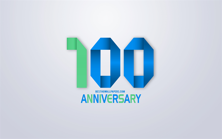 بالذكرى 100 علامة, اوريغامي الذكرى الرموز, الأخضر الأزرق اوريغامي أرقام, خلفية بيضاء, اوريغامي الأرقام, بالذكرى 100, الفنون الإبداعية, 100 سنة الذكرى