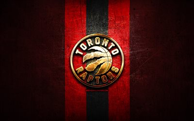 Toronto Raptors, golden logo, NBA, kırmızı metal arka plan, Amerikan basketbol kul&#252;b&#252;, Toronto Raptors logo, basketbol, ABD