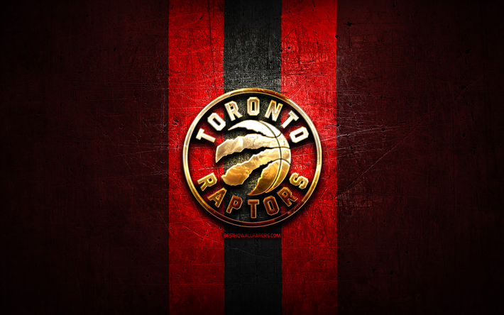 Toronto Raptors, golden logotyp, NBA, red metal bakgrund, amerikansk basket club, Toronto Raptors logotyp, basket, USA