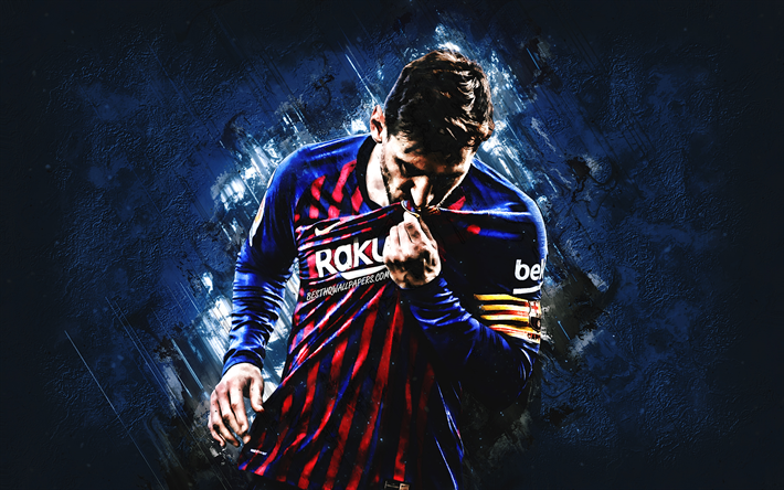 Lionel Messi, FC Barcelona, Argentinean footballer, portrait, blue stone background, La Liga, Spain, Catalonia, football, world football star