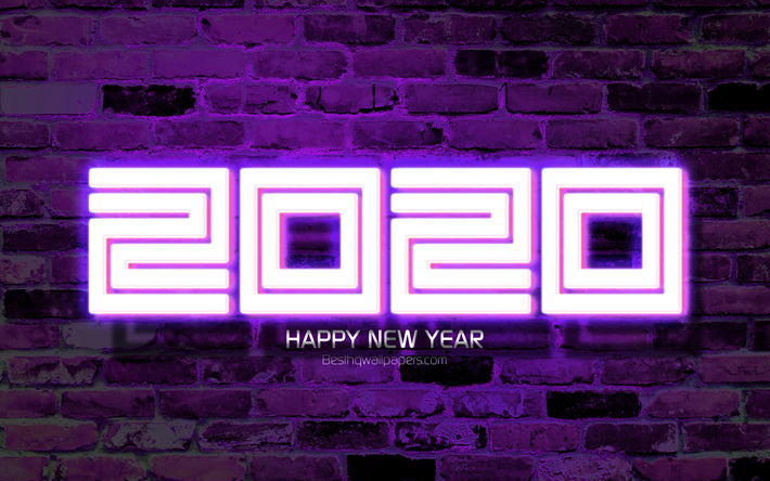 2020 violet neon digits, 4k, Happy New Year 2020, violet brickwall, 2020 neon art, 2020 concepts, violet neon digits, 2020 on violet background, 2020 year digits