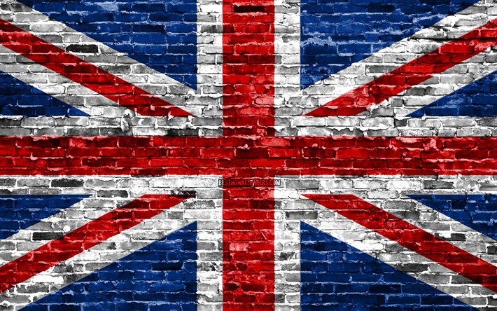 4k, Yhdistyneen Kuningaskunnan lippu, tiilet rakenne, Euroopassa, kansalliset symbolit, Lippu Yhdistynyt Kuningaskunta, Union Jack, brickwall, Yhdistynyt Kuningaskunta 3D flag, BRITANNIAN lippu, Euroopan maissa, Yhdistynyt Kuningaskunta