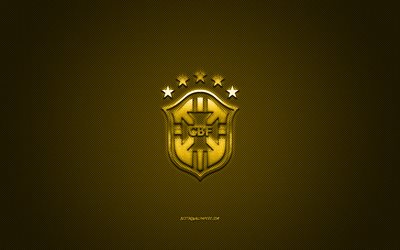 Brasiliens herrlandslag i fotboll, emblem, gul logotyp, gul kolfiber bakgrund, Brasilien i fotboll logotyp, fotboll, Brasilien