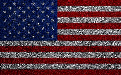 Flag of USA, asphalt texture, American flag, flag on asphalt, USA flag, North America, USA, flags of North America countries