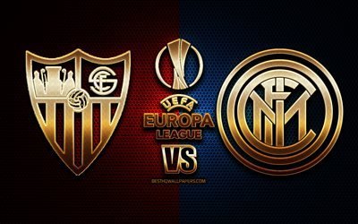 Sevilla FC vs Inter Milan, golden logo, 2020 UEFA Europa League Final, metal backgrounds, football match, football players, Final, Europa League, Football, Sevilla FC vs FC Internazionale
