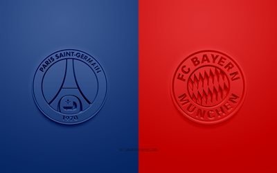 PSG vs FC Bayern Munich, 2020 UEFA Champions League Final, 3D logos, promotional materials, red blue background, Champions League, RB Leipzig vs PSG, football match, Paris Saint-Germain vs FC Bayern Munich