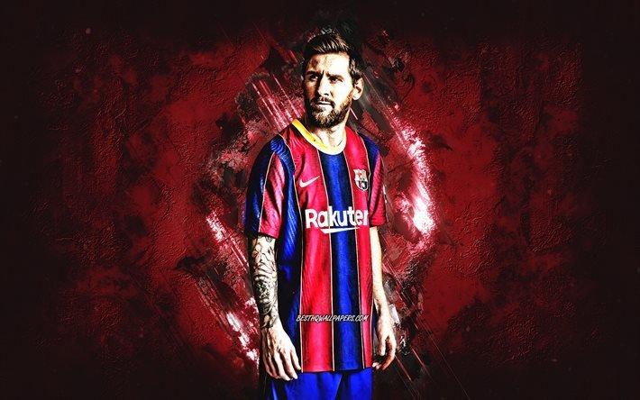 Lionel Messi, FC Barcelona, Argentiinalainen jalkapalloilija, Leo Messi, viininpunainen kivi tausta, Liiga, Espanja, jalkapallo