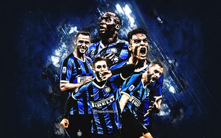 FC Internazionale, Inter Milan, italian football club, Milan, Italy, football, blue stone background, Serie A, football players, Lautaro Martinez, Romelu Lukaku