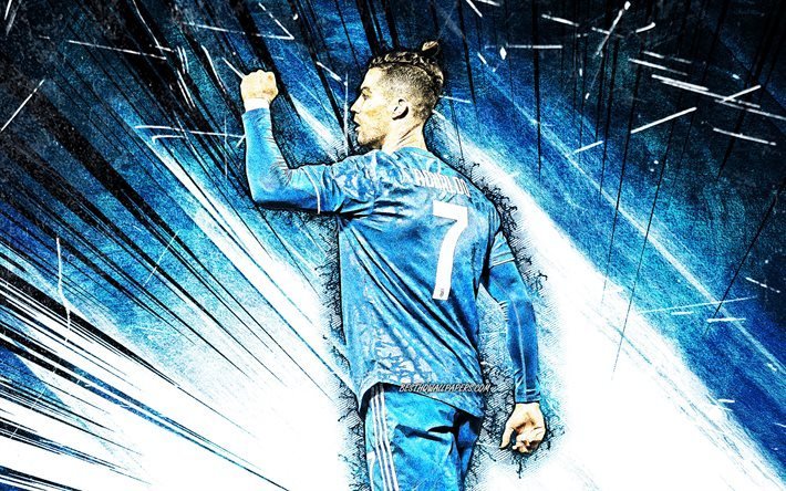 Cristiano Ronaldo, grunge art, back view, 4k, Juventus FC, CR7, blue uniform, portuguese footballers, blue abstract rays, Bianconeri, soccer, CR7 Juve, football stars, Serie A, Italy