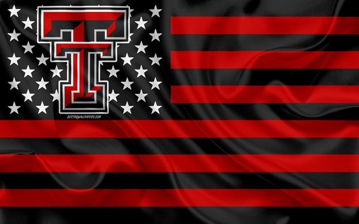Texas Tech Red Raiders, Amerikkalainen jalkapallo joukkue, luova Amerikan lippu, punainen musta lippu, NCAA, Lubbock, Texas, USA, Texas Tech Red Raiders logo, tunnus, silkki lippu, Amerikkalainen jalkapallo