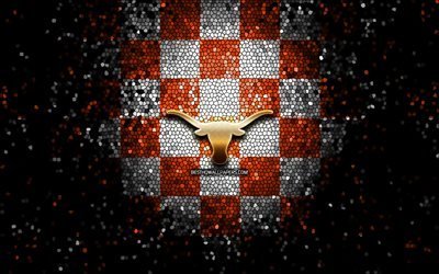 Texas Longhorns, glitter logo, NCAA, orange white checkered background, USA, american football team, Texas Longhorns logo, mosaic art, american football, America