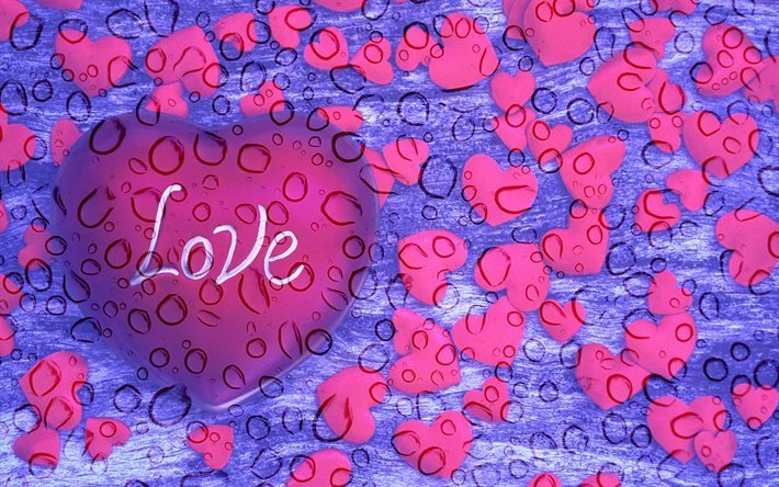 pink hearts, abstract hearts background, water drops, hearts patterns, love concepts, violet hearts background, abstract art, background with hearts