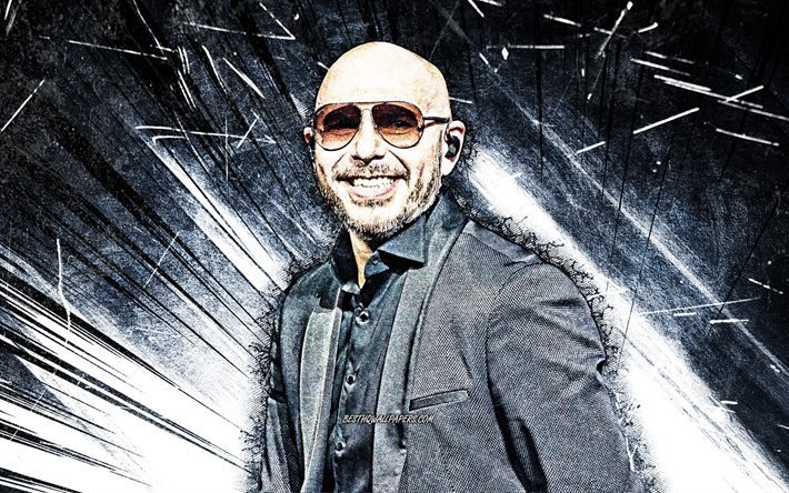 Pitbull, white abstract rays, american rapper, music stars, Armando Christian Perez Acosta, american celebrity, creative, Pitbull 4K