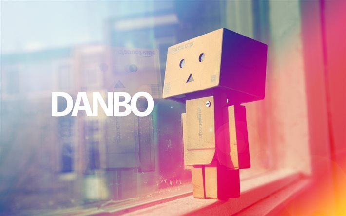 Danbo on window, creative, cardboard robot, abstract art, danboard box, Danbo