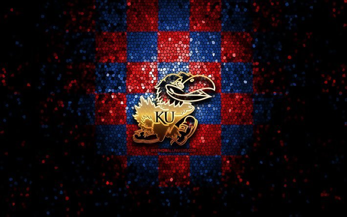 Kansas Jayhawk, logo glitter, NCAA, sfondo a scacchi rosso blu, USA, squadra di football americano, logo Kansas Jayhawk, arte del mosaico, football americano, America, Universit&#224; del Kansas Jayhawk