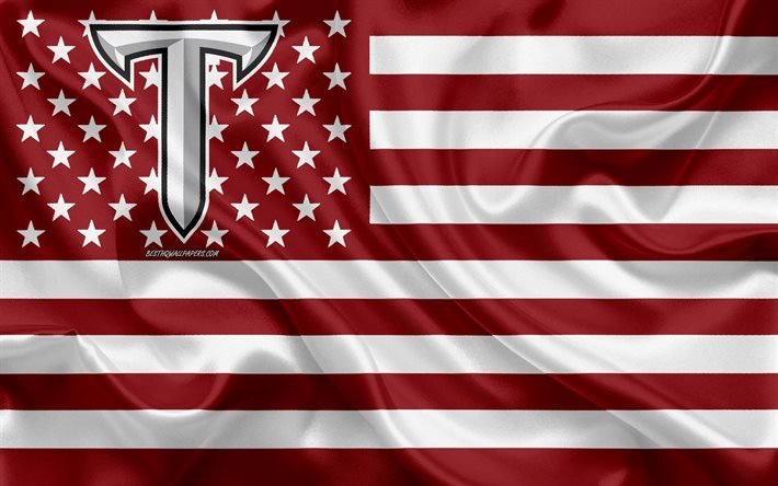Troy Trojans, squadra di football americano, bandiera americana creativa, bandiera rossa e bianca, NCAA, Troy, Alabama, USA, logo Troy Trojans, emblema, bandiera di seta, football americano