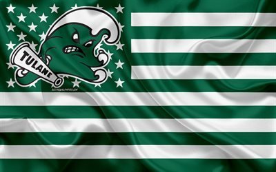 Tulane Green Wave, American football team, creative American flag, green and white flag, NCAA, New Orleans, Louisiana, USA, Tulane Green Wave logo, emblem, silk flag, American football