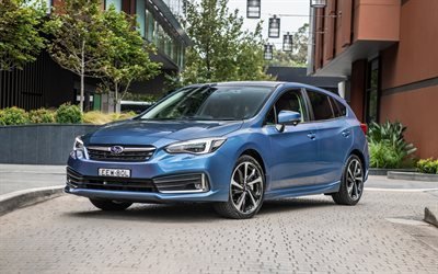 2020, Subaru Impreza, n&#228;kym&#228; edest&#228;, ulkoa, sininen viistoper&#228;, uusi sininen Impreza, japanilaiset autot, Subaru