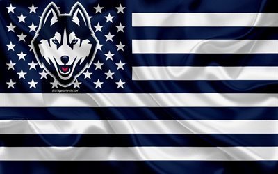 UConn Huskies, American football team, creative American flag, blue and white flag, NCAA, Storrs, Connecticut, USA, UConn Huskies logo, emblem, silk flag, American football