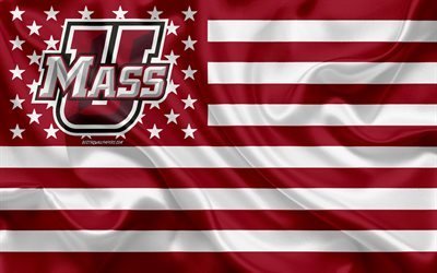 UMass Minutemen, équipe de football américain, drapeau américain créatif, drapeau rouge et blanc, NCAA, Amherst, Massachusetts, USA, logo UMass Minutemen, emblème, drapeau en soie, football américain