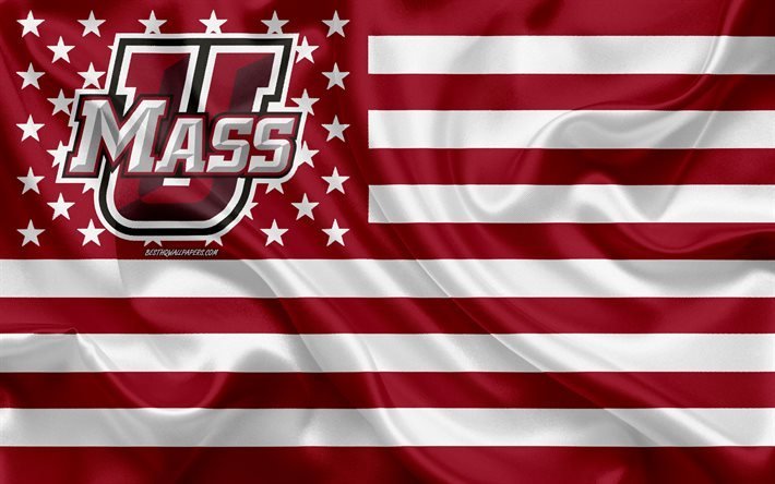 UMass Minutemen, squadra di football americano, bandiera americana creativa, bandiera rossa e bianca, NCAA, Amherst, Massachusetts, USA, logo UMass Minutemen, emblema, bandiera di seta, football americano