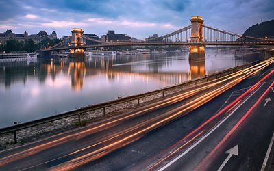 Budapest, Ponte delle Catene, Danubio, sera, tramonto, paesaggio urbano di Budapest, punto di riferimento, Ungheria