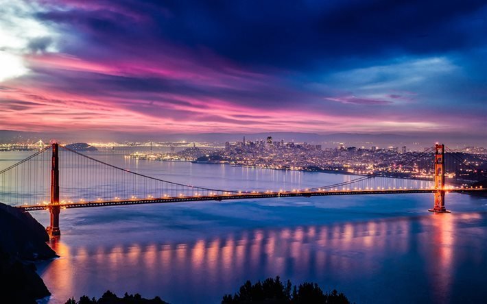 Golden Gate K&#246;pr&#252;s&#252;, San Francisco, akşam, g&#252;n batımı, k&#246;pr&#252;, panorama, San Francisco şehir manzarası, Kaliforniya, ABD
