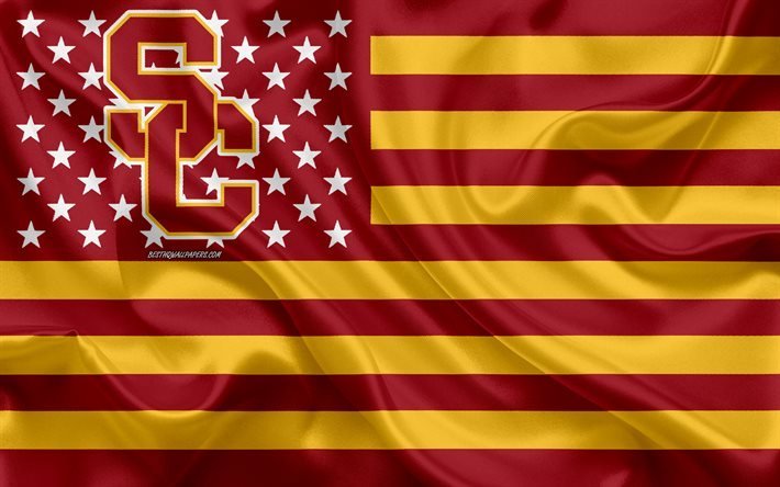 USC Trojans, squadra di football americano, bandiera americana creativa, bandiera rosso-gialla, NCAA, Los Angeles, California, USA, logo USC Trojans, emblema, bandiera di seta, football americano