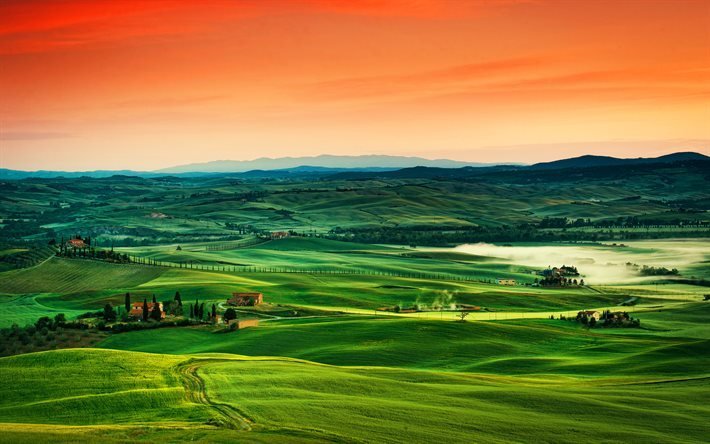 Toscane, 4k, coucher de soleil, prairies, belle nature, Italie, Europe