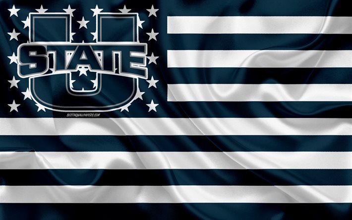 Utah State Aggies, &#233;quipe de football am&#233;ricain, drapeau am&#233;ricain cr&#233;atif, drapeau bleu et blanc, NCAA, Logan, Utah, USA, logo Utah State Aggies, embl&#232;me, drapeau en soie, football am&#233;ricain
