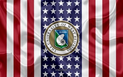 Embl&#232;me de l&#39;Universit&#233; de Floride occidentale, drapeau am&#233;ricain, logo de l&#39;Universit&#233; de Floride occidentale, Pensacola, Floride, USA, embl&#232;me de l&#39;Universit&#233; de Floride occidentale