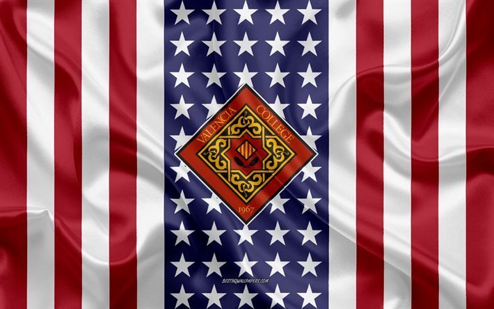 Embl&#232;me du Coll&#232;ge de Valence, drapeau am&#233;ricain, logo du Coll&#232;ge de Valence, Orlando, Floride, USA, embl&#232;me du Coll&#232;ge de Valence