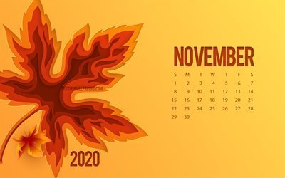 2020 november kalender, 3d herbstblatt, orange hintergrund, november, herbstkonzepte, 2020 kalender, herbst, kreative kunst november 2020 kalender