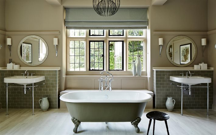 badezimmerausstattung, klassischer stil, runde badezimmerspiegel, stilvolle innenausstattung, badezimmer