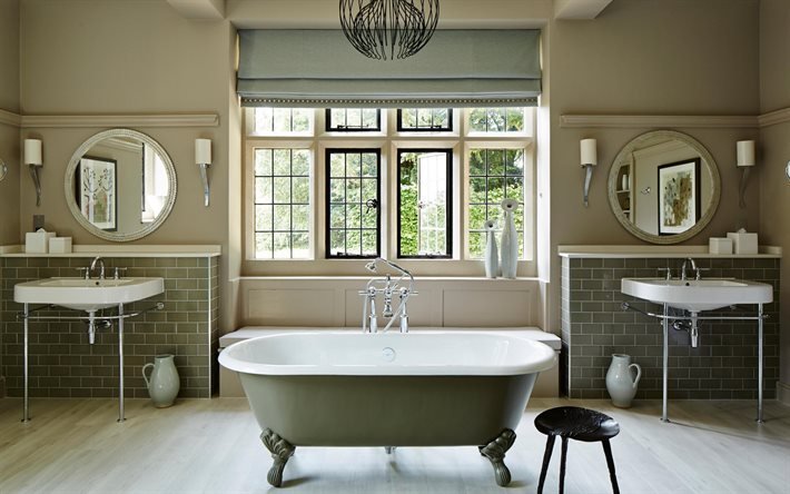 bathroom interior, classic style, round bathroom mirrors, stylish interior design, bathroom