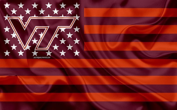 Virginia Tech Hokies, equipo de f&#250;tbol americano, bandera americana creativa, bandera roja burdeos, NCAA, Blacksburg, Virginia, EE UU, Logotipo de Virginia Tech Hokies, emblema, bandera de seda, f&#250;tbol americano
