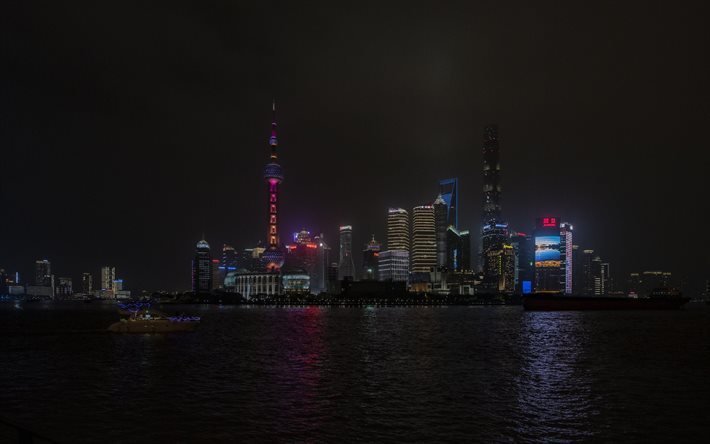 Shanghai, El Bund, noche, Torre de Shanghai, Torre de la Perla Oriental, rascacielos, paisaje urbano, horizonte de Shanghai