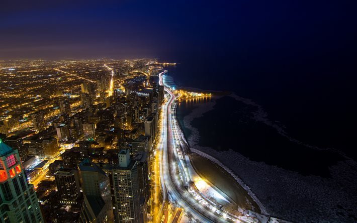 Chicago, lago Michigan, costa, noche, paisaje urbano, rascacielos, horizonte de Chicago, Illinois, Estados Unidos