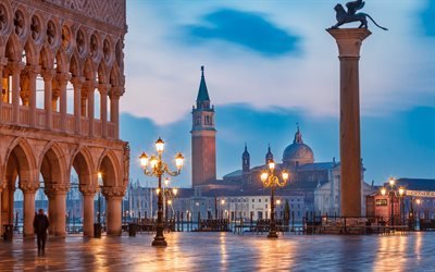 San Giorgio Maggiore, kirkko, Venetsia, ilta, auringonlasku, neli&#246;, lyhdyt, maamerkki, Italia, Venetsian kaupunkikuva