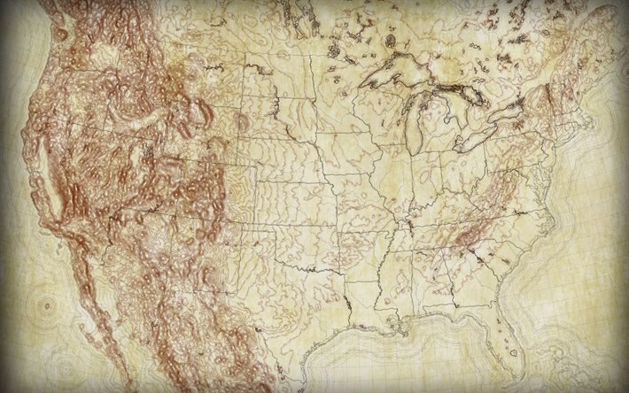 Mapa dos EUA, paisagem, estilo retro Mapa dos EUA, mapa criativo dos Estados Unidos da Am&#233;rica, EUA