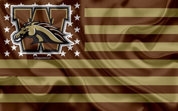Western Michigan Broncos, &#233;quipe de football am&#233;ricain, drapeau am&#233;ricain cr&#233;atif, drapeau brun, NCAA, Kalamazoo, Michigan, &#201;tats-Unis, logo Western Michigan Broncos, embl&#232;me, drapeau en soie, football am&#233;ricain