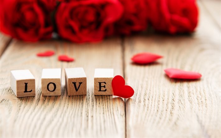 cubos de madera, bokeh, conceptos de amor, rosas rojas, creativas, rosas