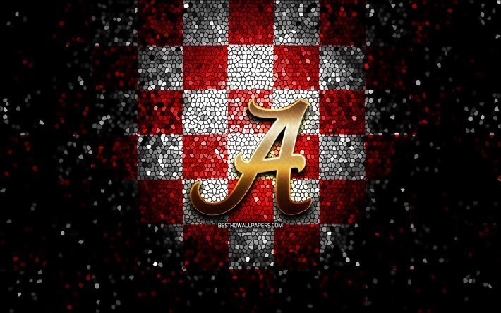 Alabama Crimson Tide, NCAA, emblema de glitter, fundo xadrez branco vermelho, EUA, time de futebol americano, futebol americano, emblema de Alabama Crimson Tide, arte em mosaico, Am&#233;rica