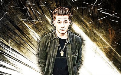 Charlie Puth, brown abstract rays, 4k, american singer, music stars, Charles Otto Puth Jr, american celebrity, grunge art, Charlie Puth 4K
