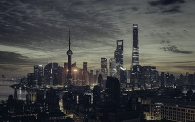 Shanghai, Kina, skyskrapor, metropol, natt